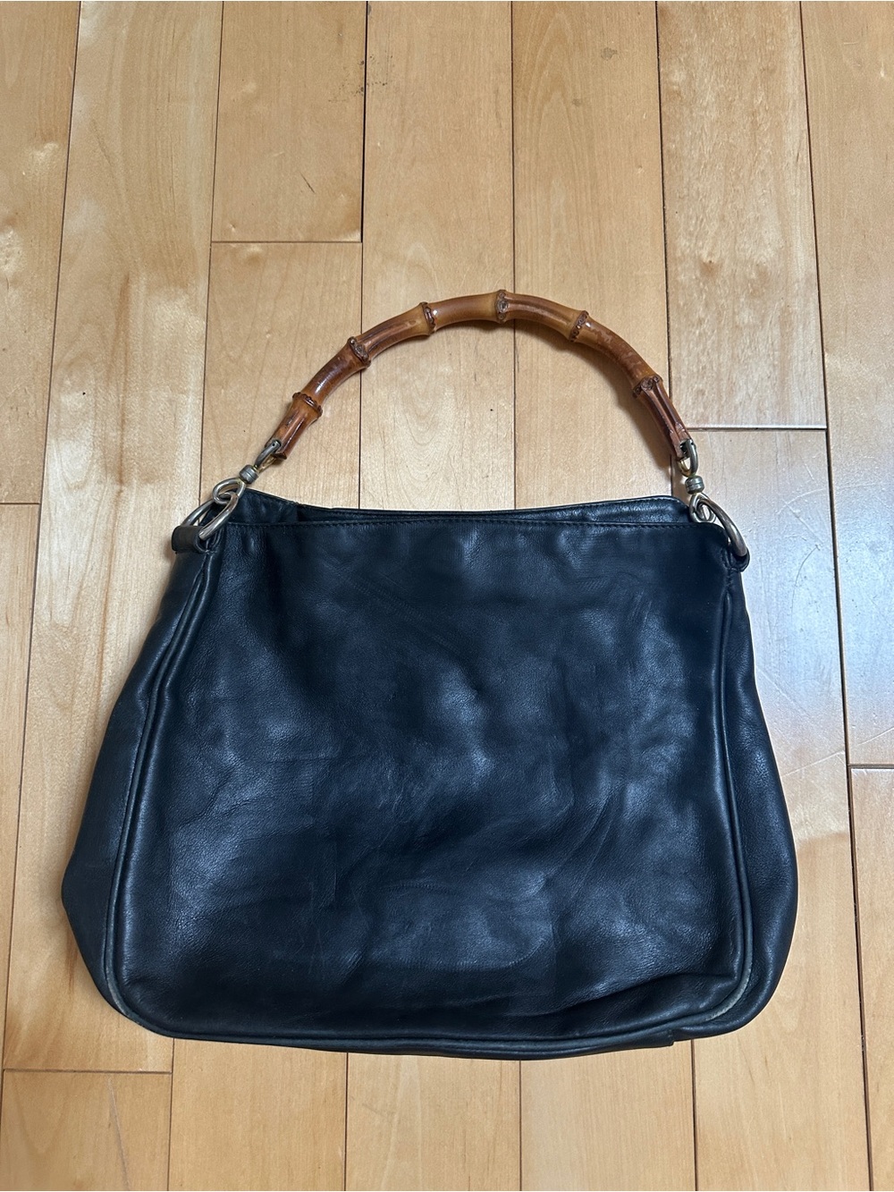 Gucci Black Leather Shoulder Bag with Bamboo Handle